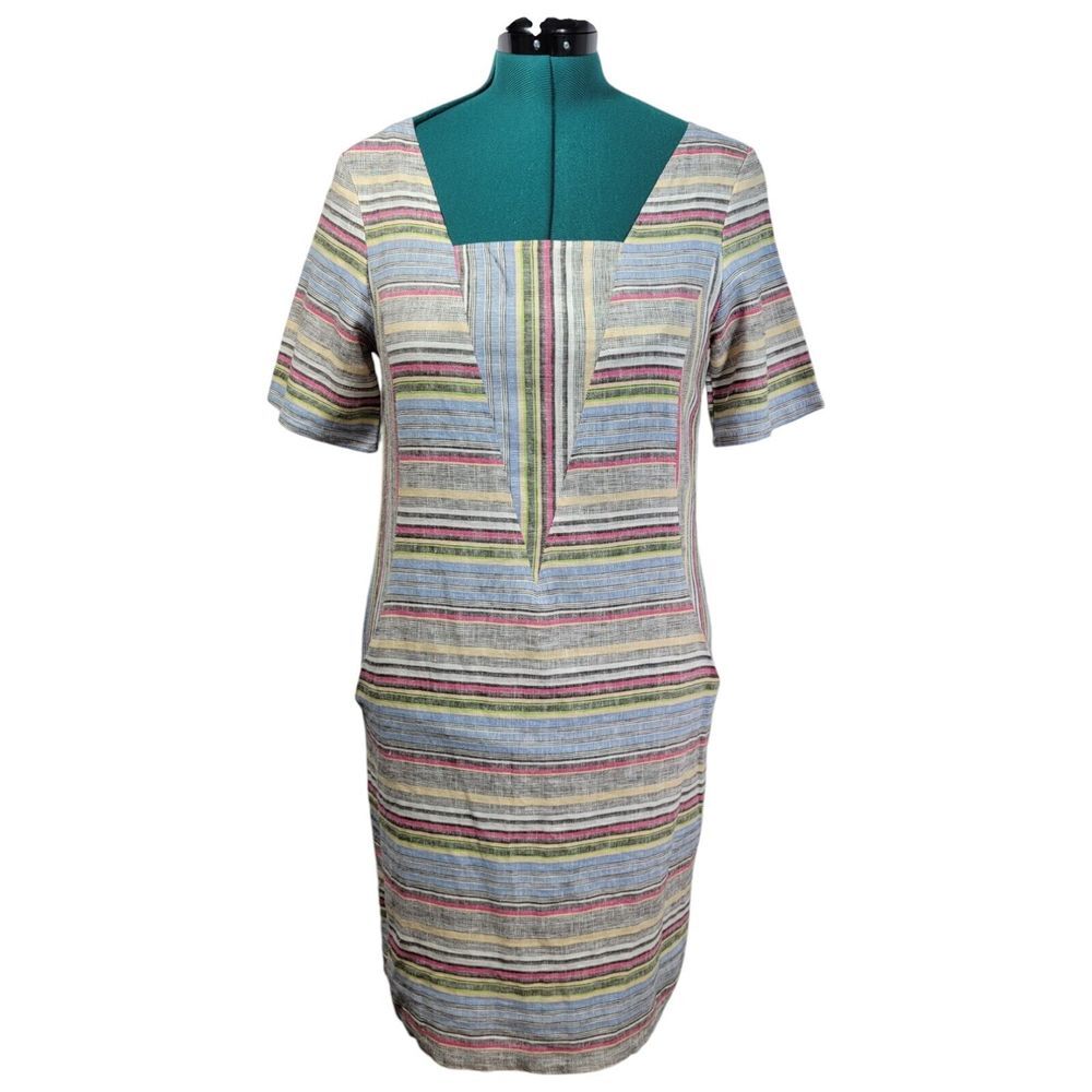 FOR CYNTHIA Striped Square Neck Short Sleeve Linen Cotton Blend Shift Dress S - Picture 1 of 9